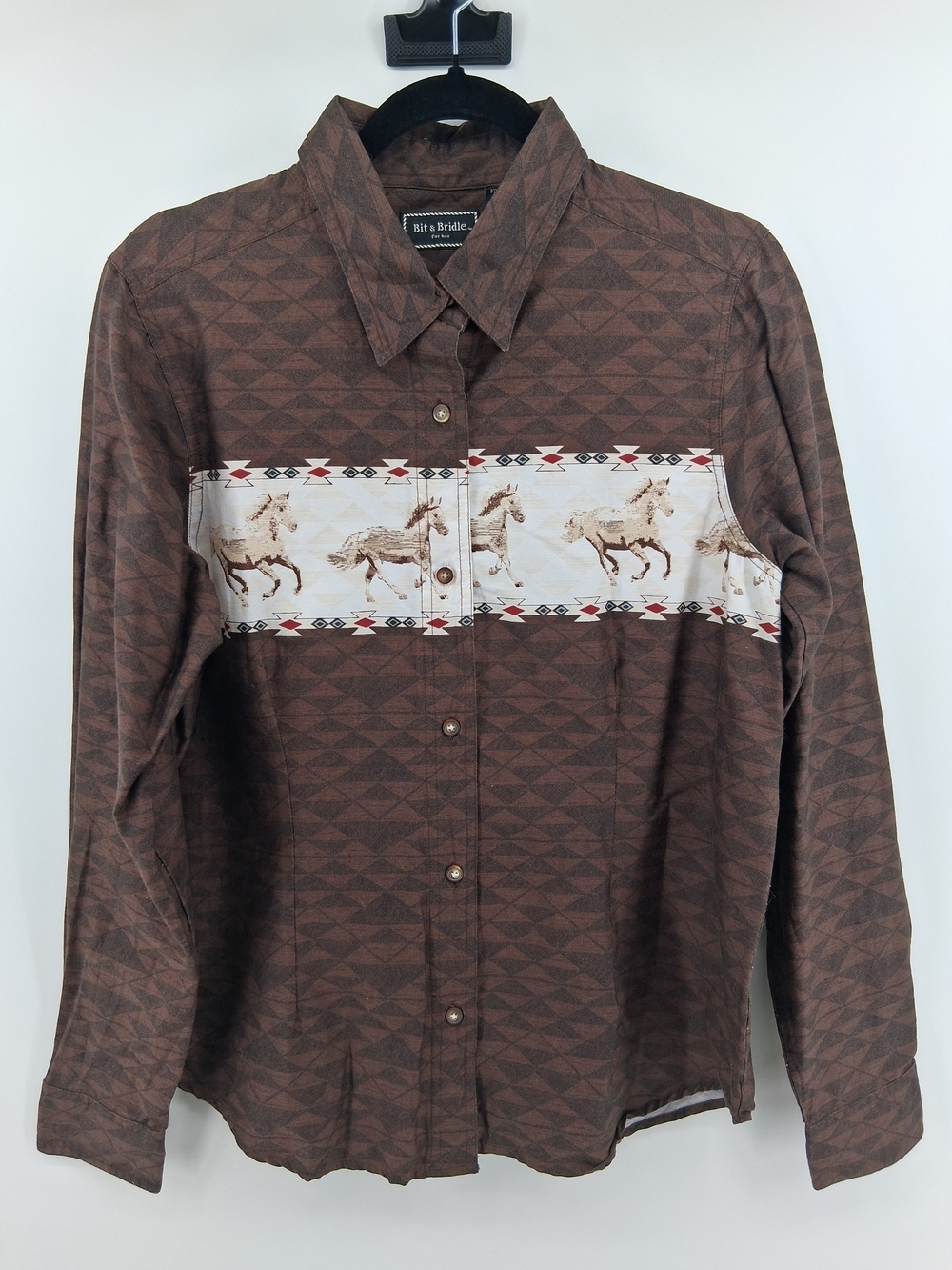 Bit & Bridle Brown Button-Up Shirt with Cream Horse Band